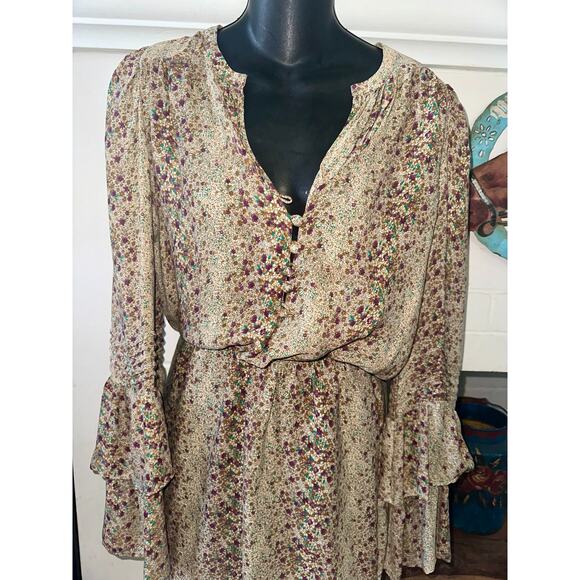 PARKER 100% SILK TINY FLORAL PRINT BELL RUFFLE SLEEVED BOHO DRESS XS - Picture 1 of 10